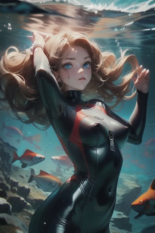 A real photo of a young female explorer, wearing wetsuits and Investigating underwater of the ocean, a strong and athletic build, Her wavy hair floats around her like a halo, ((deep,  glowing ocean-blue eyes)), an ancient shipwreck In the background, covered nipples:1.3,