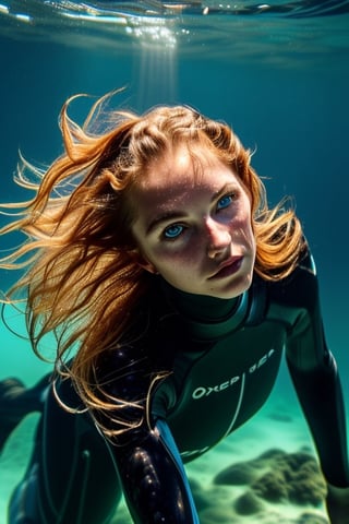 A real photo of a young female explorer, wearing wetsuits and Investigating underwater of the ocean, a strong and athletic build, Her wavy hair floats around her like a halo, ((deep,  glowing ocean-blue eyes)), an ancient shipwreck In the background, covered nipples:1.3,