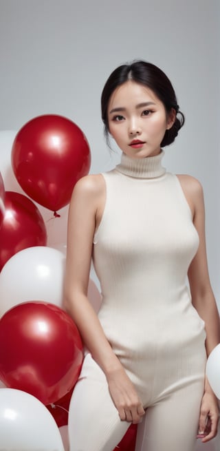 breathtaking a cinematic fashion portrait photo of beautiful young chinese woman from the 60s wearing a red turtleneck standing in the middle of a ton of white balloons, dramatic lighting, taken on a hasselblad medium format camera . award-winning, professional, highly detailed