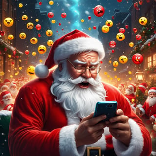 emotional scene featuring a stressed santa claus, looking at a phone full of emojis, many different emoji expressions, exaggerated expressions, epic, full shot, symmetrical, Greg Rutkowski, Charlie Bowater, Beeple, Unreal 5, hyperrealistic, dynamic lighting, fantasy art, haddon sundblom || hyperreal graphic novel promo art style, digital airbrush painting, expressive linework