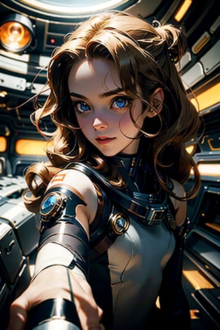 (masterpiece), selfie, centered, Instagram able, steampunk astronaut 1girl, cute smile, red ribbon, long wavy hair, blonde hair, red eyes, steampunk spaceship interior, space background, stray hair, fisheye effect, backlight, dynamic lighting, reflection, depth of field, ultra detailed, intricate, (epic composition, epic proportion), professional work,FF,mecha, 