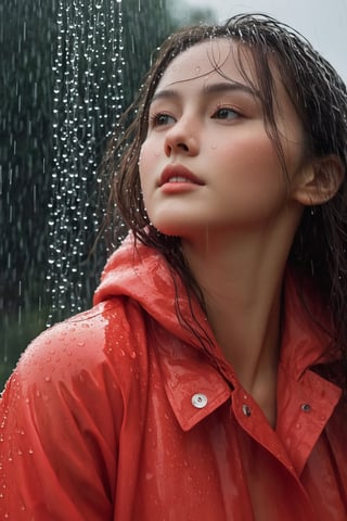 A big breast young girl, her face filled with joy and excitement, stands under a gentle rain shower, her arms outstretched to embrace the drops. Her vibrant red raincoat contrasts beautifully against the gray sky, while her wet hair clings to her forehead. The raindrops create a shimmering effect as they cascade down around her, adding a touch of magic to the scene. This digitally painted image captures the ethereal and dreamlike quality of the moment, with each droplet meticulously rendered to showcase its individual beauty. The lighting is soft and diffused, highlighting the girl's radiant smile and the glistening rain. The camera perspective captures her from a slightly lower angle, emphasizing her youthful energy and enthusiasm. The level of detail and the use of ultra-resolution techniques bring the image to life, allowing viewers to almost feel the rain on their own skin