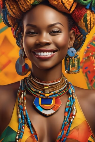 Dive into the vibrant tapestry of Africa's beauty as you showcase the grace, strength, and diverse allure of its women. Begin with a close-up of a radiant smile, adorned with traditional jewelry that tells a story of heritage and pride. Transition to a sweeping shot of a confident woman gracefully moving to the rhythm of African music, her colorful attire flowing like poetry in motion,   cubist painting, Neo-Cubism, layered overlapping geometry, art deco painting, Dribbble, geometric fauvism, layered geometric vector art, maximalism; V-Ray, Unreal Engine 5, angular oil painting, DeviantArt.
