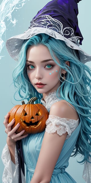 (1cute girl with a halloween costume and a wizard hat holding a halloween pumpkin ), long blue curly hair, green eyes, wearing a beautiful baby blue lace dress. White skin, splat art background, eye_detail, background_detail, face_detail, hair_detail, more_detail, add_detail, adddetailed, cute_face,