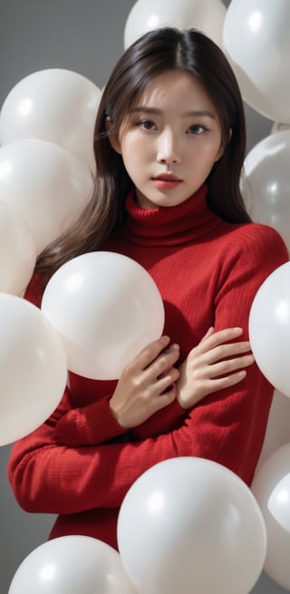 breathtaking a cinematic fashion portrait photo of beautiful young chinese woman from the 60s wearing a red turtleneck standing in the middle of a ton of white balloons, dramatic lighting, taken on a hasselblad medium format camera . award-winning, professional, highly detailed