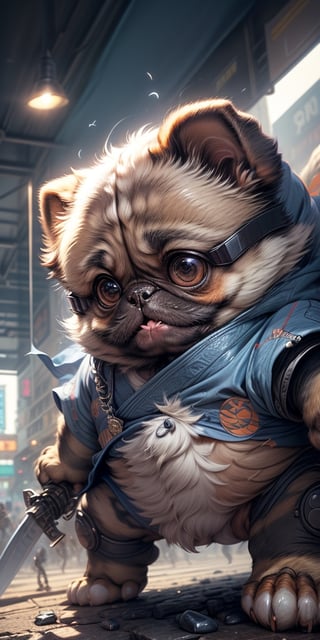 masterpiece, best quality, 4k, 8k, 1 ninja pug dog, With round eyes, Dressed in blue and orange mecha, wearing a ninja costumes, holding a Japanese katana , riding on a mechanical cyborg horse , The background is a high-tech lighting scene, The city of the future,tokyo tower