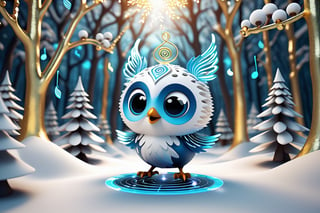 3 white chibi monsters like a Long-tailed Tit with a horns in front of a Allen in a woods, with music notes colorful Allen world with DMA, analogue spectrum hologram, close-up a xmas ornaments
, hologram vortex simulation, Cristal trees, blue , gold and silver patterns, path background hyper detailed, with Inca filer of gold, ((music life)), music notes, high resolution, cinema 4D