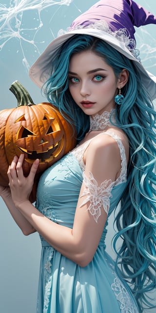 (1cute girl with a halloween costume and a wizard hat holding a halloween pumpkin ), long blue curly hair, green eyes, wearing a beautiful baby blue lace dress. White skin, splat art background, eye_detail, background_detail, face_detail, hair_detail, more_detail, add_detail, adddetailed, cute_face,