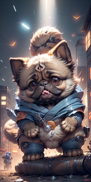 masterpiece, best quality, 4k, 8k, 1 ninja pug dog, With round eyes, Dressed in blue and orange mecha, wearing a ninja costumes, holding a Japanese katana , riding on a mechanical cyborg horse , The background is a high-tech lighting scene, The city of the future,tokyo tower