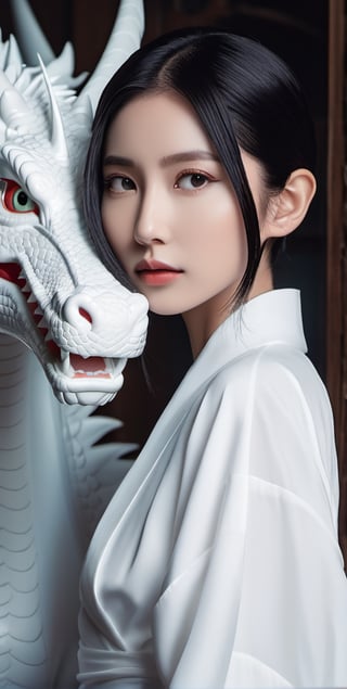 30 years old female Asian, Slicked-bac hair style, in a white tone environment with a white dragon behind him, Spirited Away, Hayao Miyazaki, surrealism, fantasy style, Lofi photography, shot on fujifilm XT4, Upper body,