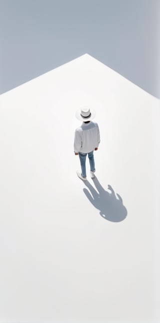 Prospect, Bird's-eye view, Human figure, A pure white background, Alone, Walk in a pure white space, Shadow, Wearing a hat, Can't see the face clea, Loneliness, Sense of atmosphere, Leave a lot of white space, modern art