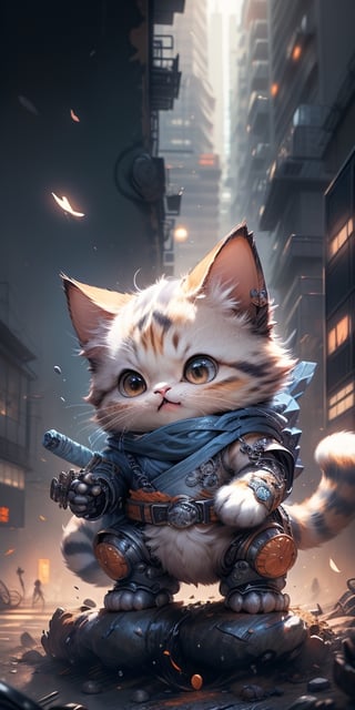 masterpiece, best quality, 4k, 8k, 1 ninja cat, With round eyes, Dressed in blue and orange mecha, wearing a ninja costumes, holding a Japanese katana , riding on a mechanical cyborg horse , The background is a high-tech lighting scene, The city of the future,tokyo tower