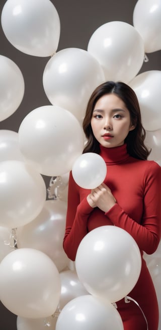 breathtaking a cinematic fashion portrait photo of beautiful young chinese woman from the 60s wearing a red turtleneck standing in the middle of a ton of white balloons, dramatic lighting, taken on a hasselblad medium format camera . award-winning, professional, highly detailed