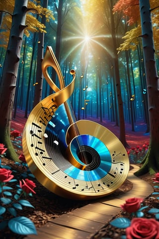 a Allen in a woods, with music notes colorful Allen world with DMA, analogue spectrum hologram, close-up a roses, hologram vortex simulation, Cristal trees, red and blue , gold and silver patterns, path in the woods background hyper detailed, with Inca filer of gold, ((music life)), music notes, high resolution, cinema 4D