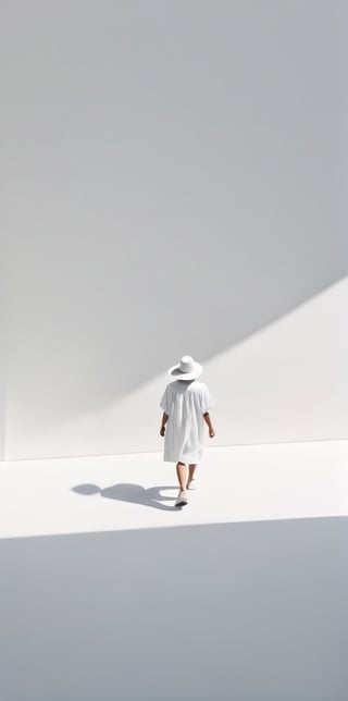 Prospect, Bird's-eye view, Human figure, A pure white background, Alone, Walk in a pure white space, Shadow, Wearing a hat, Can't see the face clea, Loneliness, Sense of atmosphere, Leave a lot of white space, modern art
