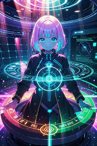 (best quality,  best quality: 1.3),  sharp quality,  (perfect beautiful woman: 1.5),1girl,  smile, pink hair,  fantasy, science fiction,  magic circle,  light particles,  light rays, spaceship interior,holographic interface,Beautiful scenery,