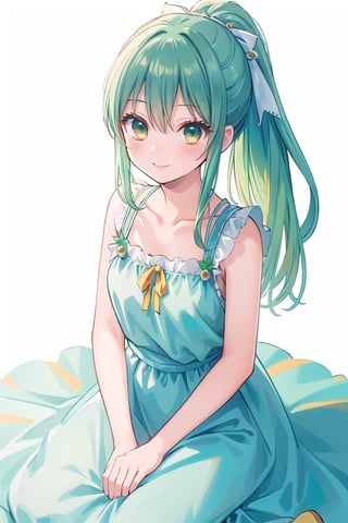  (masterpiece, best quality, sharp image, professional artwork:1.5),yellow green hair, long hair, Ponytail, blue ribbon,Princess, princess dress,,Small chest,the best smile,(white background),empty_background,chihaya_ayase