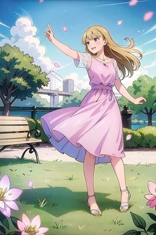 Masterpiece,Best  Quality, High Quality,  (Sharp Picture Quality), Blond, long hair, pink dresses, wind blowing, fluttering hair, petals dancing, park, sunny, one woman, the best smile, bench,long dress,