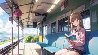(Masterpiece, Best Quality, Best Picture Quality Score: 1.3), (Sharpest Picture Quality), Perfect Beauty: 1.5,brown hair,(Japanese school uniform),alone, (Cute school uniform), red hairpiece, woman reading book, beautiful girl, cute, (panties visible), ((sitting on bench on Train platform)), mini skirt, best ,panties visible, mini skirt, best smile, very beautiful view, fluttering skirt, station platform with sea view, (most amazing view), woman sitting on bench,(Train tracks),chihaya_ayase,brown eyes,