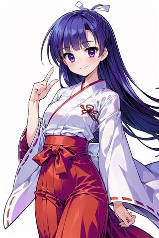 (masterpiece:1.3),best quality,1girl, (best quality, best quality: 1.3), (sharp quality),  blue-purple hair, long hair, white ribbon, miko costume, red hakama,the best smile,Stand one index finger,pink hart mark,empty_background