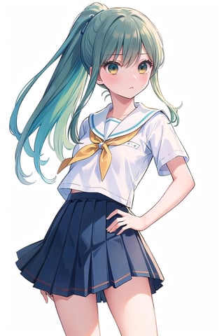  (masterpiece, best quality, sharp image, professional artwork:1.5),yellow green hair, long hair, Ponytail, blue ribbon,school uniform,Sailor suit, White blouse, dark blue pleated skirt,(white background),Sexy pose,Stick out the buttocks,Shy face,empty_background,chihaya_ayase