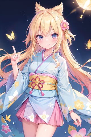(best quality,  best quality: 1.3),  (sharp quality), Blonde hair, long hair, ,((Light blue kimono)), flashy kimono, floral kimono, Japanese style, (solo), (the best smile), (flapping skirt), skirt, ,(yellow head ribon),Hold up the index finger of one hand,Large pink heart mark on fingertips,Night, light of a firefly,Beautiful creek,
