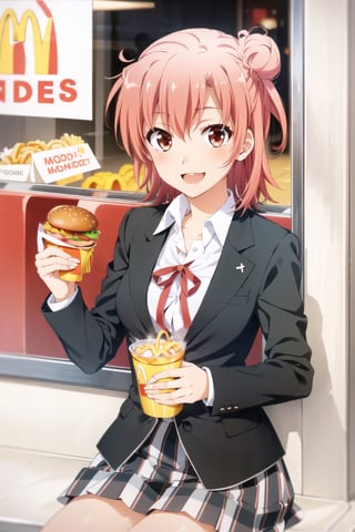 Masterpiece,Best  Quality, High Quality,  (Sharp Picture Quality), Brown hair, short hair,(single hair bun),uniform, black jacket, red ribbon,school uniform,collared shirt, plaid skirt,skirt that flips up, single hair bun, best smiles,sitting,McDonald' ,alone,Have a McDonald's hamburger in her hand,Window seat, inside McDonald's,Beautiful scenery, (city at night), fantastic light