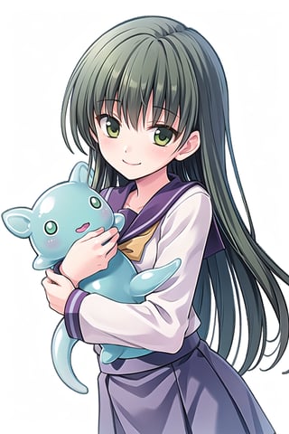 Masterpiece,Best  Quality, High Quality, (Sharp Picture Quality), Yellow -green hair,semi long hair,((pink tie)), sailor suit, White blouse,light purple skirt,20 -year -old woman,upper body,Long sleeve,,blank_background,white background, smile,A stuffed animal of Dragon Quest monster slime.
Embrace the stuffed slimel.