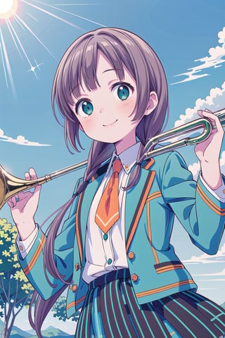 (Best picture quality, Top quality, Masterpiece: 1.3), (Sharp picture quality),Brown hair, braid,,blue -green jacket, Black neck collar,orange tie,White blouse, school uniform,Skirt with green and black vertical stripes,frills,Playing trombone,, cute, smiling,Beautiful scenery, solo,((blue sky)),The sun, midsummer,Lake shores