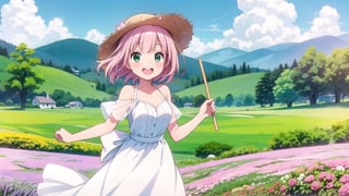 (Best Picture Score: 1.3), (Best Picture Quality Score: 1.3), (Sharp Picture Quality), Perfect Beautiful Woman: 1.5, Girl standing in lavender field , full length on screen, 20 year old woman, woman on right side of screen, light pink hair, (white dress), ((one person)), beautiful girl, cute, perfectly proportioned) (smiling, most fantastic view), best smile, big straw hat, beautiful view, (facing front), hair blowing in the wind, 