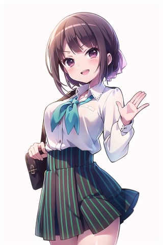 (masterpiece,Best  Quality, High Quality,:1.3), (Sharp Picture Quality), Perfect Beauty: 1.5,brown hair,short hair, School Uniform, solo, pink riddon, Beautiful Girl,A white shirt with one green vertical line.,The best smile,pink heart mark , wink,Skirt with green and black vertical stripes,frills,empty_background,waving one hand,