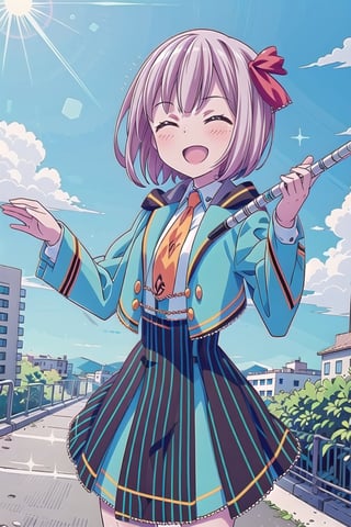 (Best picture quality, Top quality, Masterpiece: 1.3), (Sharp picture quality),pink_hair, short-hair, ribbon,blue -green jacket, Black neck collar,orange tie,White blouse, school uniform,Skirt with green and black vertical stripes,frills,Playing flute, cute, smiling,Beautiful scenery, solo,((blue sky)),The sun, midsummer,Hill top,park,, a girl overlooking the city from the hill