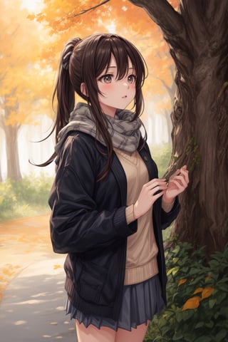 Anime-style illustration of a high school girl with a ponytail, standing amidst vibrant autumn trees. She wears a cozy sweater and scarf, looking up with her hands shielding her eyes as if spotting a particularly beautiful tree branch.