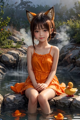 Fox ears girl, (smile: 0.7), sitting, hot spring, mandarin orange, steam, dusk, duck toy, orange, cute, girl, akemi