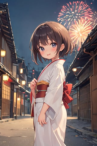 happy. A cute girl wearing a traditional kimono walks through a crowded Edo-era townscape and happily watches beautiful fireworks in the distance.
Age regression, children, larger clothes, Akemi