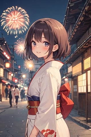 happy. A cute girl wearing a traditional kimono walks through a crowded Edo-era townscape and happily watches beautiful fireworks in the distance., akemi