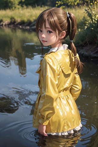 Masterpiece, top quality, very detailed, high resolution, very detailed textured skin, detailed light, Realistic, Photorealistic, very delicate and beautiful,A curious little girl with pigtails and a bright yellow raincoat exploring the riverbank, her reflection dancing in the rippling water.
, (smile: 0.8), look back, misaka_mikoto