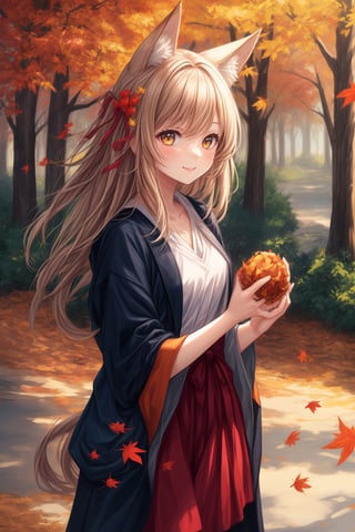 An anime-style depiction of a girl with fox ears playfully throwing a handful of autumn leaves into the air and smiling happily as the leaves float around her.