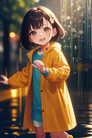 A curious girl in a bright yellow raincoat is exploring the riverbank and dancing in the rain.
, (Cute girl, child), (Smile: 0.8), misaka_mikoto