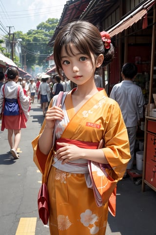 A young girl in a vibrant orange yukata stands in the midst of a bustling Japanese festival, her eyes wide with wonder as she takes in the colorful sights and sounds. In one hand, she holds a fluffy stick of cotton candy, the sugary treat melting in the summer heat. In the other, she clutches a handful of coins, ready to explore the various food stalls and games scattered throughout the festival grounds., cute, girl, akemi