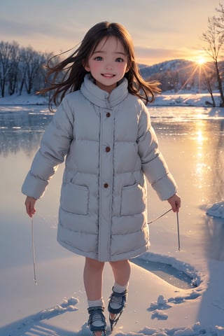 Masterpiece, top quality, very detailed, high resolution, very detailed textured skin, detailed light, realistic, photorealistic, very delicate and beautiful, 
As the sun sets over the frozen lake, a young girl twirls on her skates, her rosy cheeks and bright smile adding warmth to the wintry scene.
, (a cute little girl),  akemi