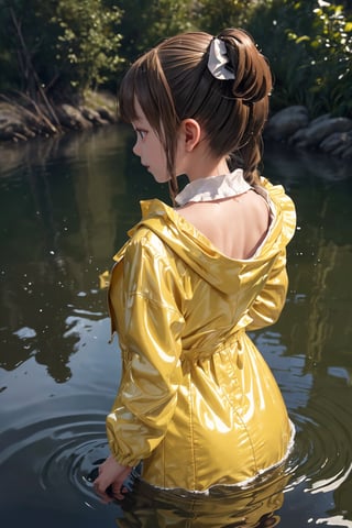 Masterpiece, top quality, very detailed, high resolution, very detailed textured skin, detailed light, Realistic, Photorealistic, very delicate and beautiful,A curious little girl with pigtails and a bright yellow raincoat exploring the riverbank, her reflection dancing in the rippling water.
, (smile: 0.8), look back, misaka_mikoto