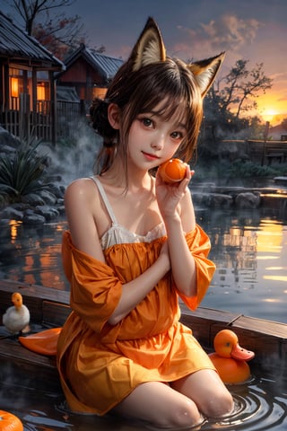 Fox-eared girl, (smile: 0.7), slightly tilting her head, sitting, hot spring, mandarin orange, steam, dusk, duck toy, orange, nice hands, perfect hands, cute, girl, Akemi