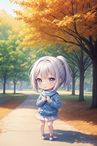 Anime-style illustration of a high school girl with a ponytail, standing amidst vibrant autumn trees. She wears a cozy sweater and scarf, looking up with her hands shielding her eyes as if spotting a particularly beautiful tree branch., chibi