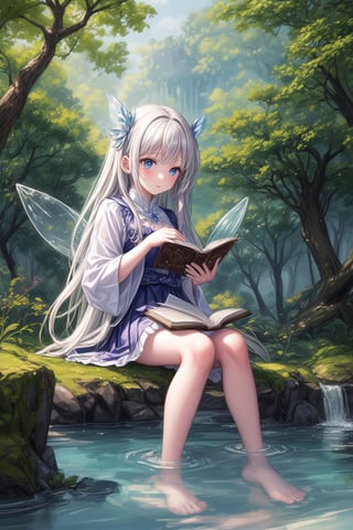 Imagine a mystical forest, where a crystal-clear river flows through the trees and a fairy perches on a branch, watching over a young girl as she reads from a book filled with secrets., girl