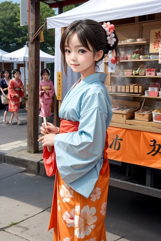 In the midst of the bustling Japanese festival, a young girl in an orange yukata stands out with her unique sense of style. As she walks through the crowd, she can't help but stop at every food stall, her eyes widening at the array of delicious treats on display. With a cotton candy in hand and a smile on her face, she takes in the sights and sounds of the festival, feeling like she's in a dream., cute, girl, akemi