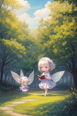Step into a world of enchantment, where a forest teems with life and a river winds through the trees, watched over by a fairy as a young girl reads from a book that brings her wildest dreams to life., chibi