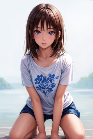 (Masterpiece), Diffuse light, Dynamic shadows, Sharp focus, Realistic, Detailed, High resolution, Absurd, White background, Small breasts, Looking to the side, T-shirt, No bra, Photorealistic, Lifelike, Wet, lips parted, (submissive kneeling), girl