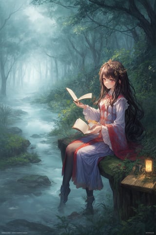 Step into a world of enchantment, where a forest teems with life and a river winds through the trees, watched over by a fairy as a young girl reads from a book that brings her wildest dreams to life., girl