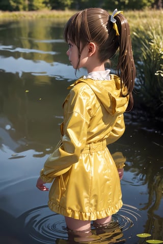 Masterpiece, top quality, very detailed, high resolution, very detailed textured skin, detailed light, Realistic, Photorealistic, very delicate and beautiful,A curious little girl with pigtails and a bright yellow raincoat exploring the riverbank, her reflection dancing in the rippling water.
, (smile: 0.8), back view, misaka_mikoto
